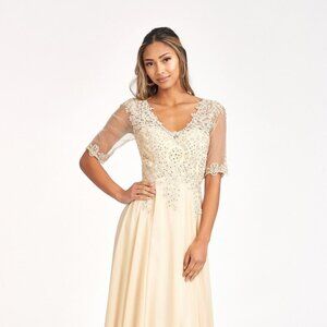 NEW LONG A-LINE CHIFFON EMBROIDERED DRESS WITH ZIPPER BACK & 3\4 SLEEVES GL1982